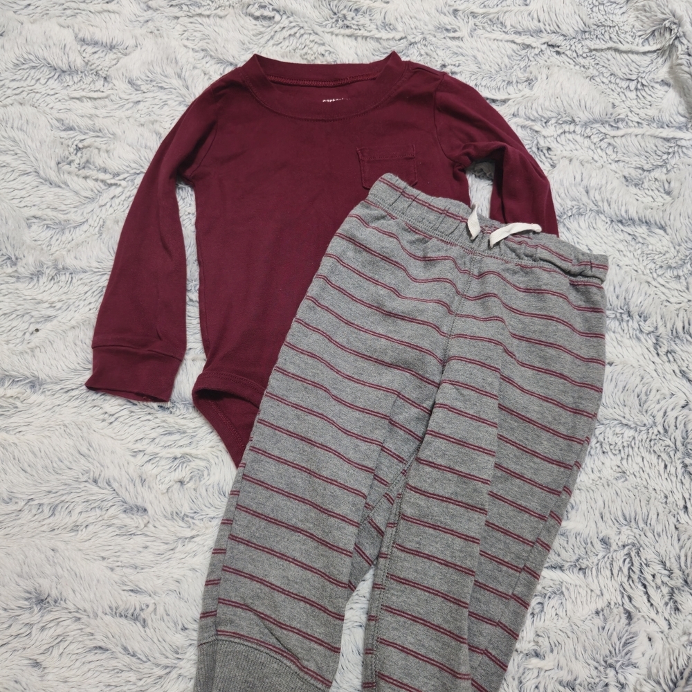 Burgundy Long Sleeve Onesie and Gray Striped Pants Set Carter's 24M